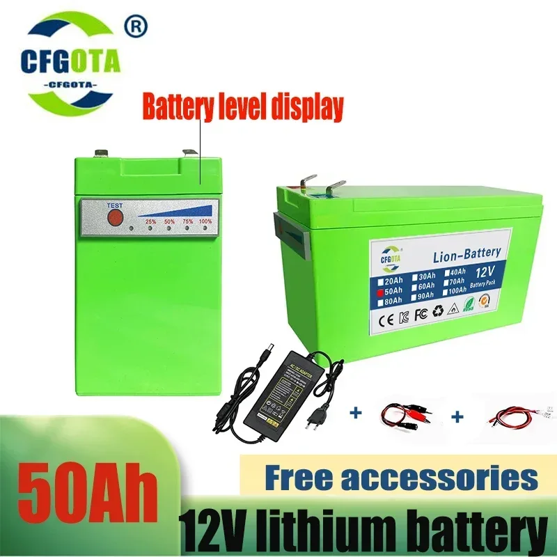 12V Battery 50Ah 18650 lithium battery pack suitable for solar energy and electric vehicle battery power display+12V3A charger