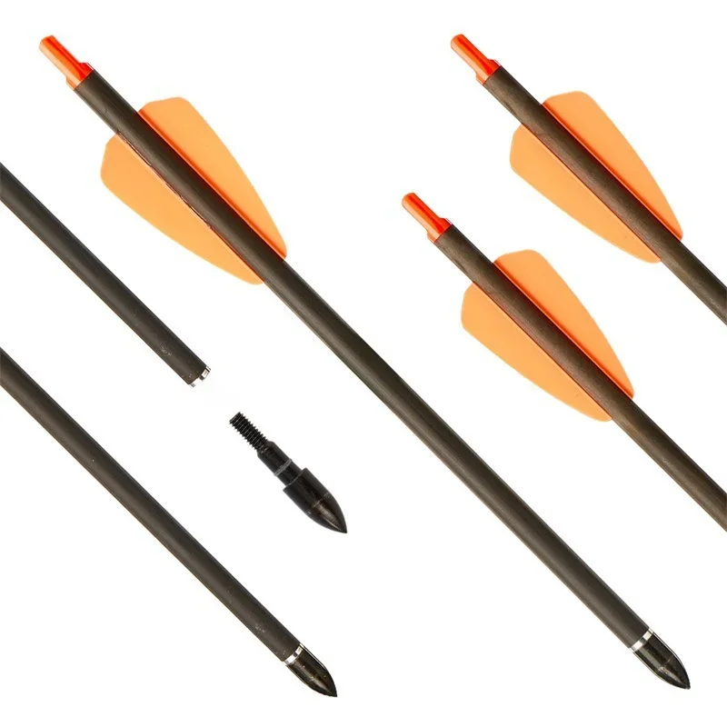 Strzały do kuszy z czystego włókna węglowego, pomarańczowe, pióra, 7,5 cala, z możliwością dostosowania rozmiaru, wymiennymi głowicami i łukami.