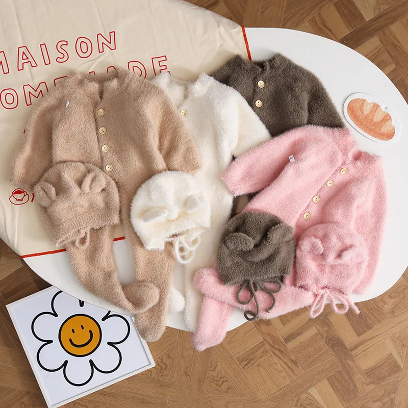 HoneyCherry Baby Solid Color Footies Cute Footed Hoodie Plush Pajamas Homewear Baby Clothes