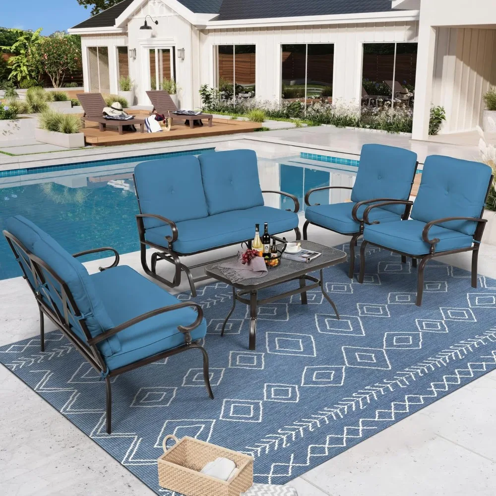 

5 Piece (6 Seater) Outdoor Metal Patio Parlor Set, Glider, 2 Single Chairs, Loveseat and Coffee Table, with Cushions