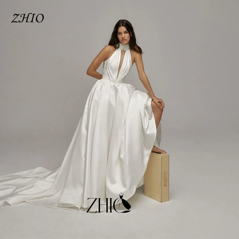 ZHIO Luxurious Satin Halter Neck Keyhole Cutout A-Line Wedding Dresses Beaded Illusion Bridal Gowns With Long Train Customized
