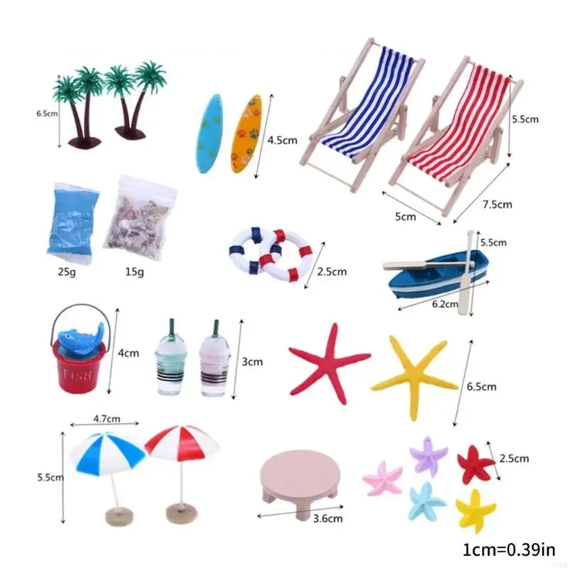 Detailliertes Miniatur-Dekorationsset mit Strandszene Meer und Zubehör, Rollenspiel-Puppenhaus-Display-Set für Kinder, 15UB