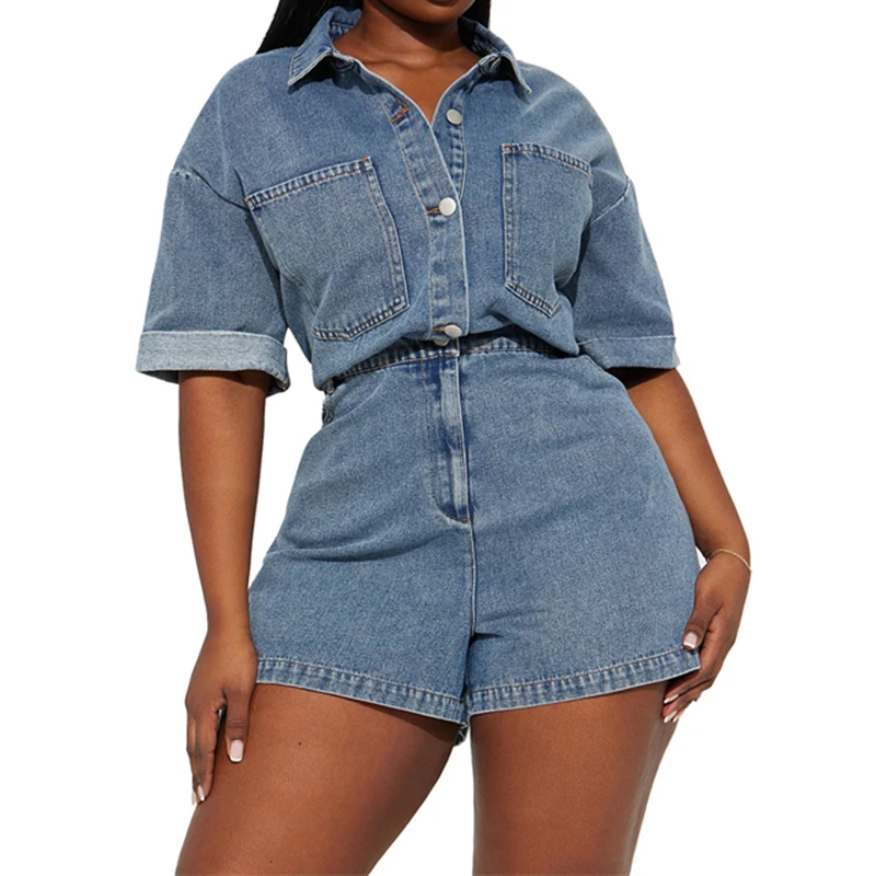 Short Sleeve Turn-down Collar Loose Wide Blue Denim Jumpsuits Women Summer Clothing Playsuits Shorts Casual Sweet Jeans Rompers