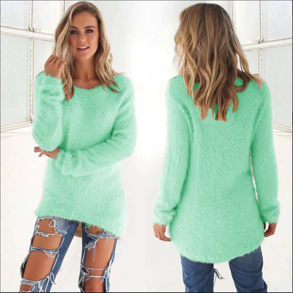 Women Warm Sweater Solid Color O Neck Loose Cotton Knitted Pullover Long Sweater Casual Oversize Blouse Ladies Hipster Tops