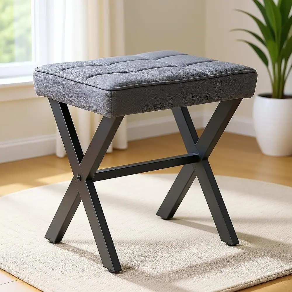 

Серый квадратный табурет из льна с металлическими ножками-крестовинами, мягкое сиденье для макияжа, для ванной, гостиной, прихожей