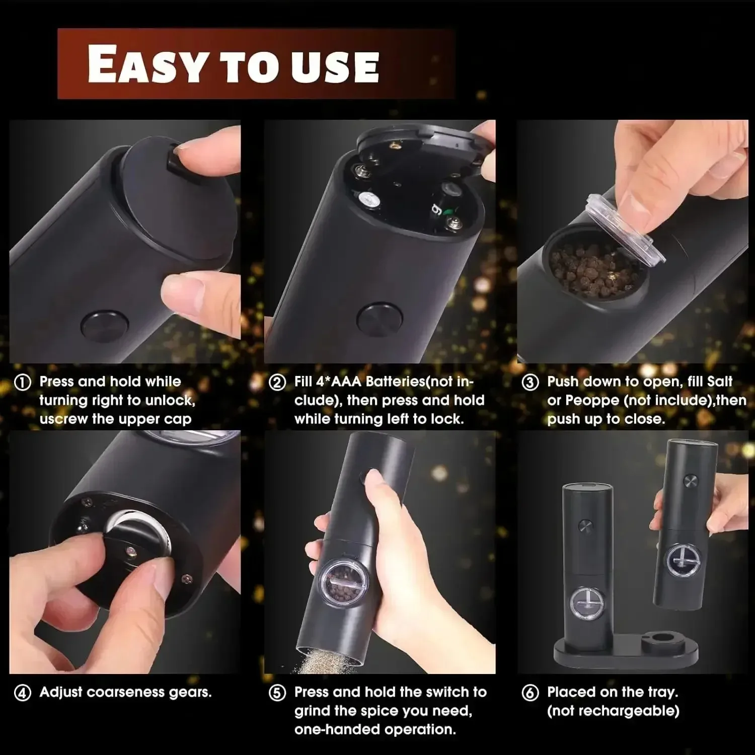مطحنة توابل كهربائية مع خشونة قابلة للتعديل تعمل بالبطارية، مطحنة ملح وفلفل، مطحنة أوتوماتيكية محمولة باليد