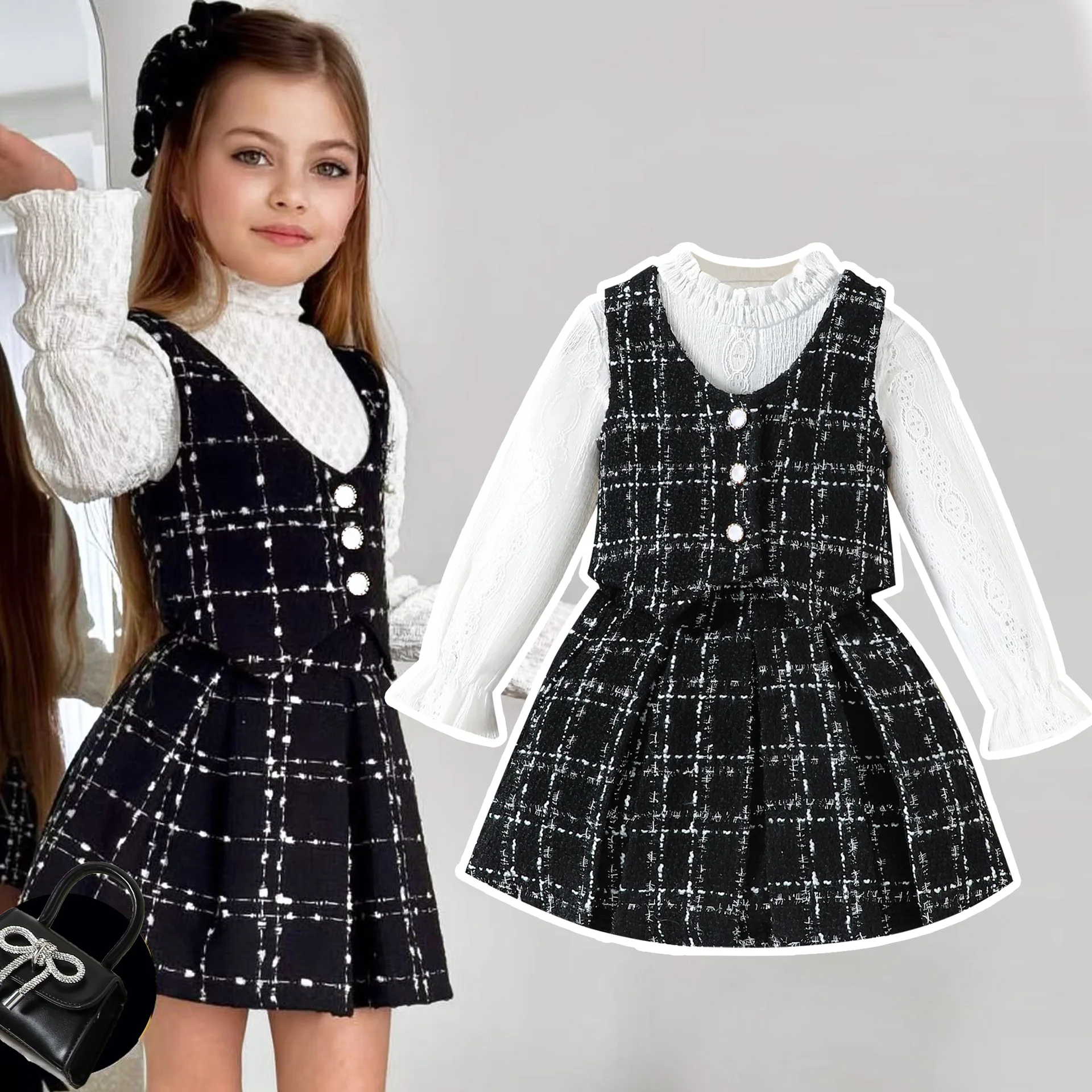 

2025 Korean Children's Clothes Autumn Girl Outfits Long Sleeve Shirt+Plaid Vest+Skirt Sets Elegant Birthday Girl Clothing