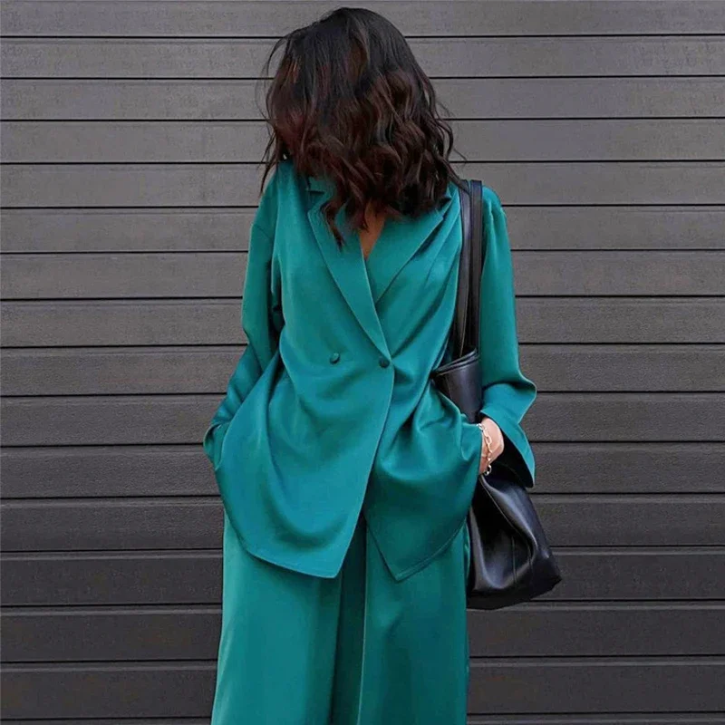 

Fashion Satin Long Sleeve Blazer Suits Women Elegant Turn Down Collar Two Piece Sets Office Ladies Green Outfits 2023 Autumn