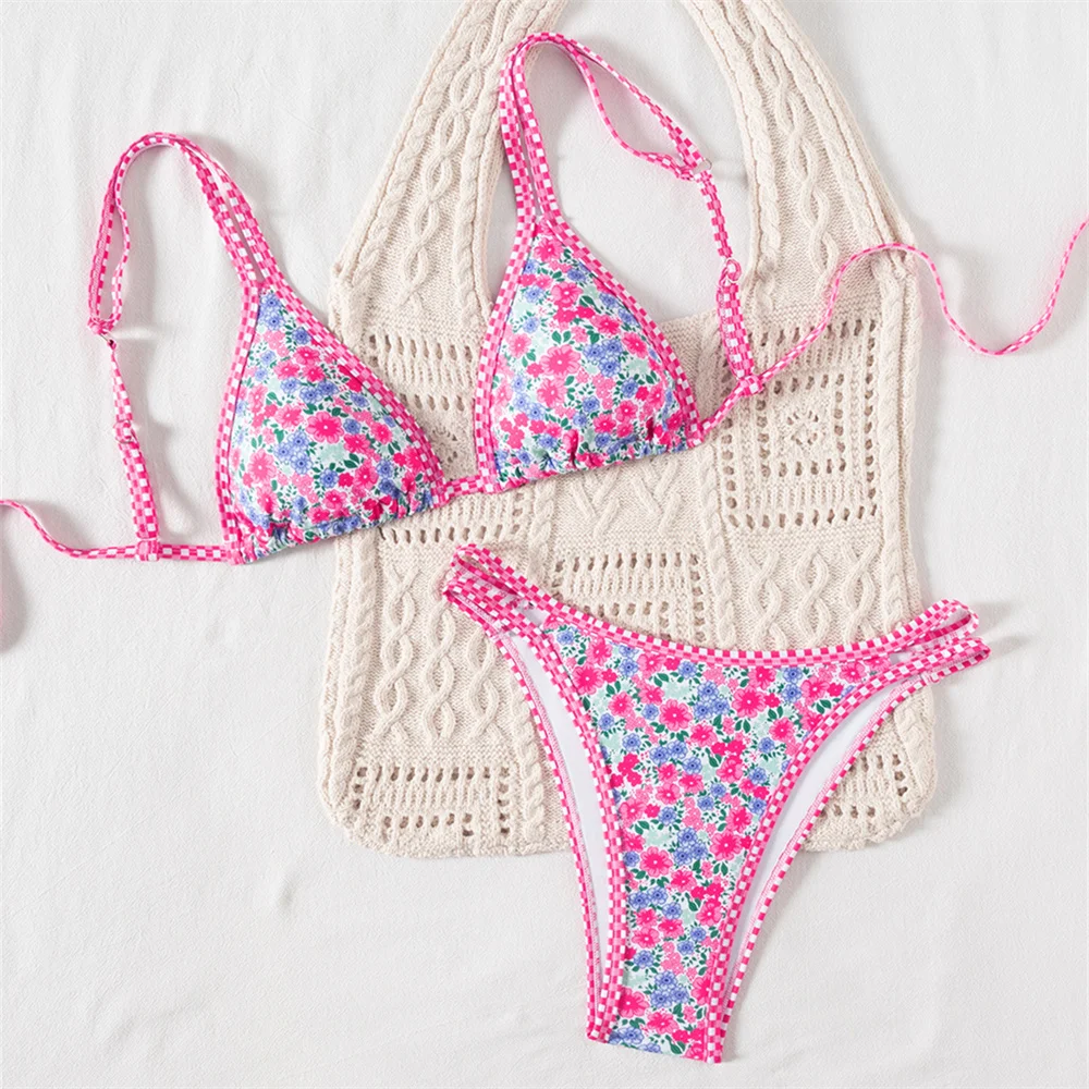 Cute Floral Bikini Double Strap Backless String Swimsuit Women Lace Up Vacation Swimwears Y2k Bathing Swimming Suit Beach Outfit