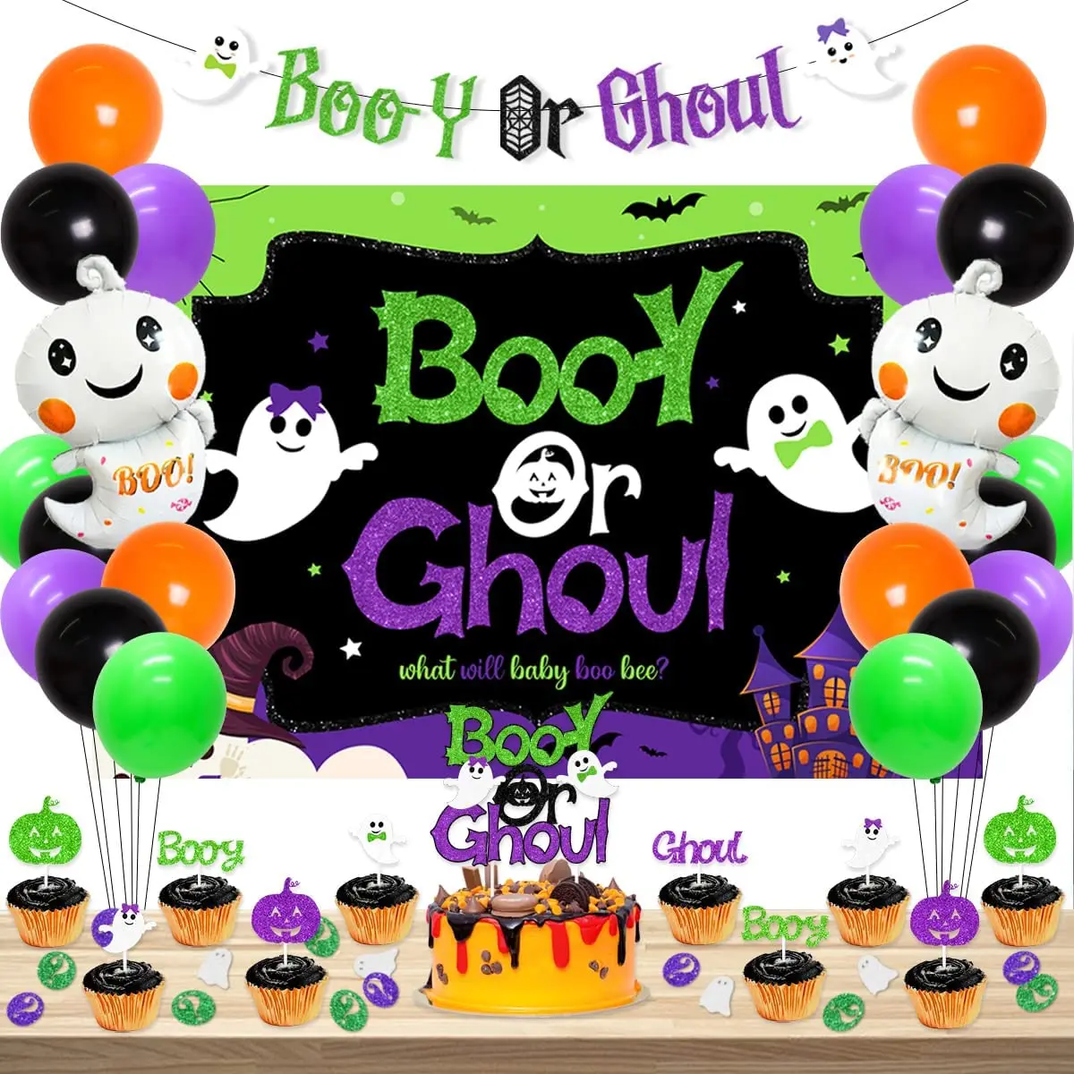 

Funmemoir Halloween Gender Reveal Decorations Booy or Ghoul Backdrop Banner Cake Topper Confetti Ghost Foil Balloons Boy or Girl