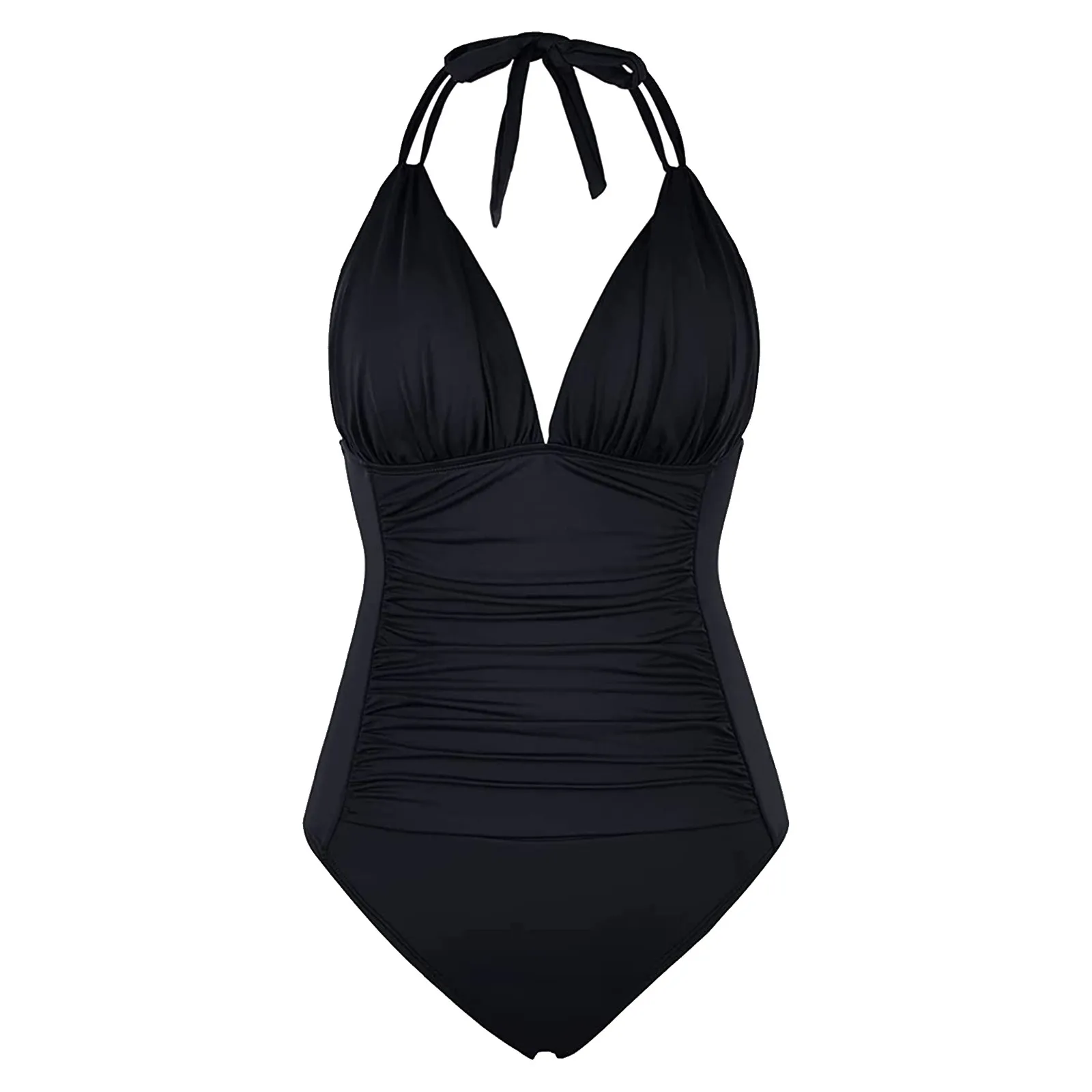 Basic Solid Color Halter One Piece Tummy Control Swimwear New Push Up Ruched Swimsuit  Beachwear Bathing Suit for Lady view 3