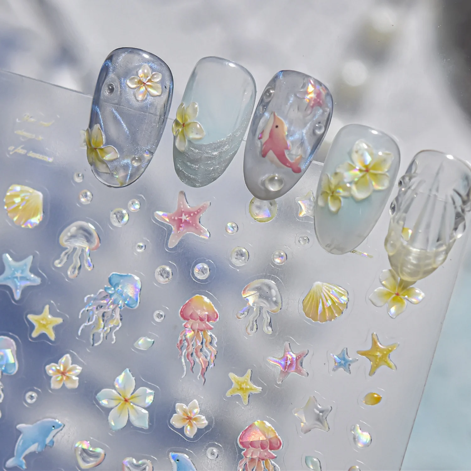 1pcs Ocean Marine Life Jellyfish Dolphin Shell Starfish Frangipani Summer Ocean Style 5D Nail Art Stickers Embossed Nail Decals