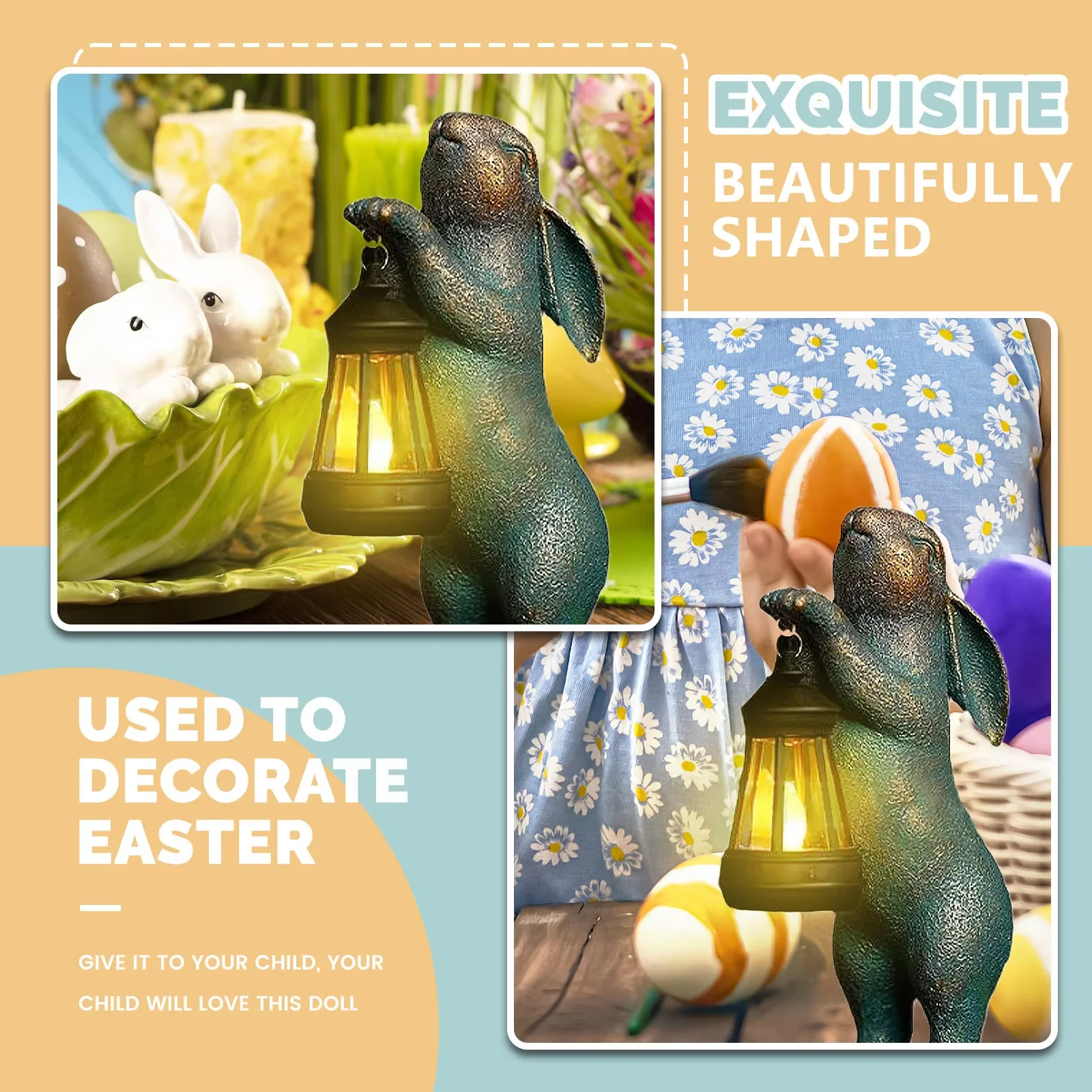 Statues Rabbit with Solar powered Lantern automatic light Outdoor Garden Ornaments， for Patio Yard Lawn Ornaments Holiday Gifts