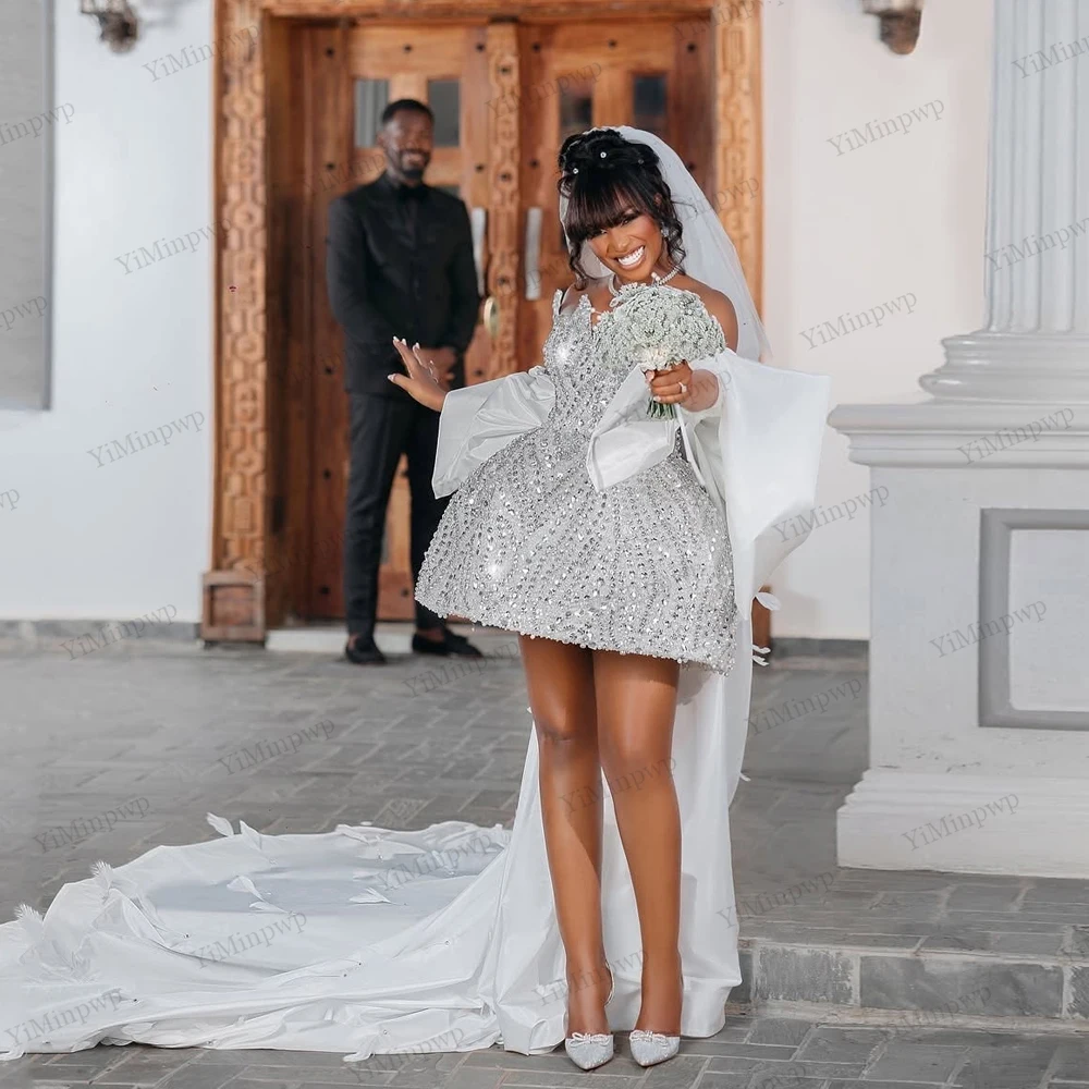 Luxury Short Wedding Dresses for Bride with Cape Corset Crystal Sequins Africa After Party Wedding Reception Dress Customized view 5