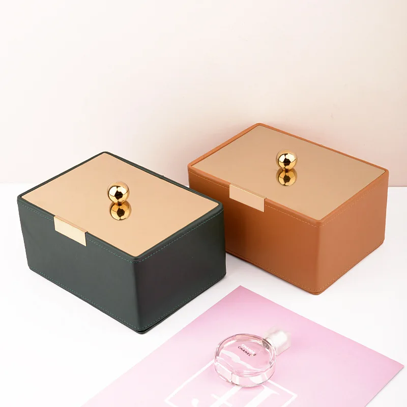 Leather storage box with lid, desk office storage basket, cosmetics organizer box, solid color storage box, table ornaments