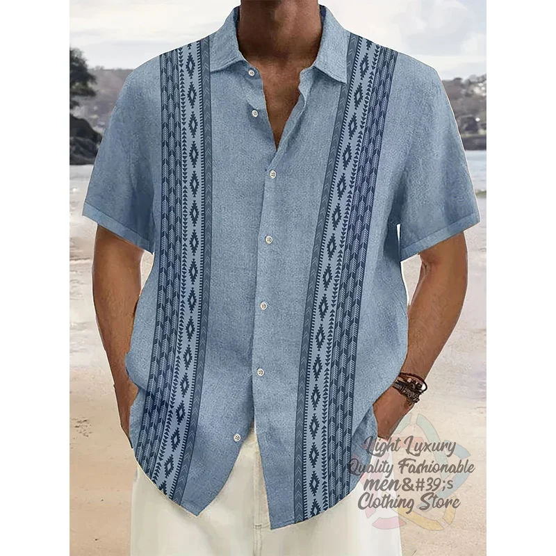 Men's shirts, linen summer casual beach vacations, men's short-sleeved shirts, fashionable striped print short-sleeved tops