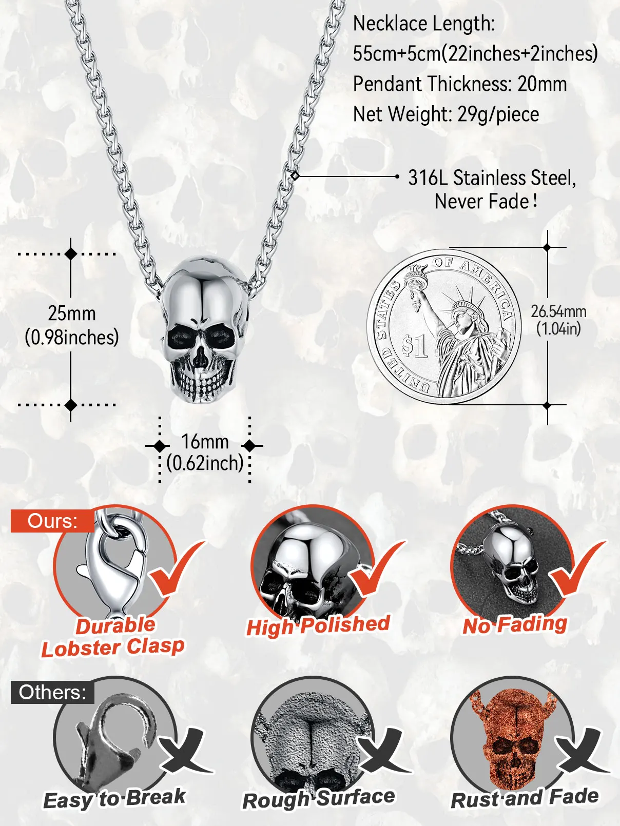 U7 Skull Necklaces for Men Skeleton Pendant with 18-30 inches Wax Cord / Link Chain Punk Retro Gothic Stainless Steel Jewelry