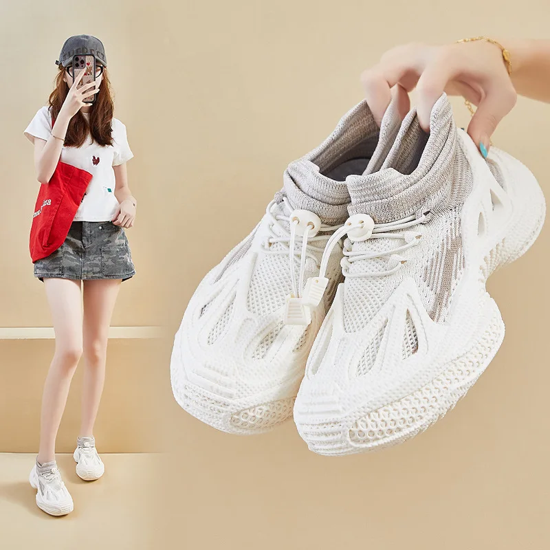 

New Women Casual Sport Shoes Fashion Thick-soled Breathable Sock Shoes Lace-up Chunky Sneaker