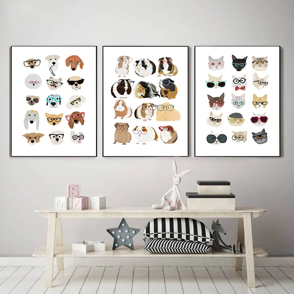 Scandinavian Minimalist Wall Art Cartoon Guinea Pigs Cats and Dogs Glasses Canvas Poster Prints Home Bedroom Living Room Decor