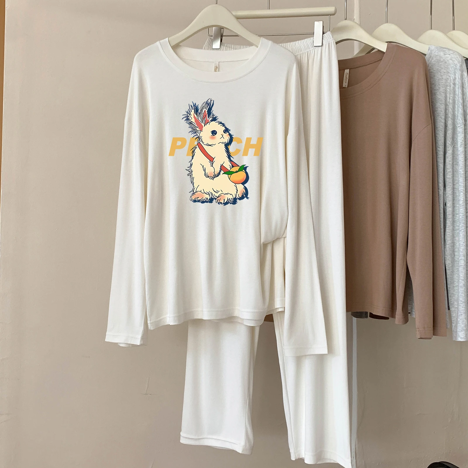 

5117 -15 Женская пижама из модала, весенне-осенний новый стиль, повседневная, простая, однотонная, с круглым вырезом, с длинными рукавами, удобный и дышащий комплект домашней одежды