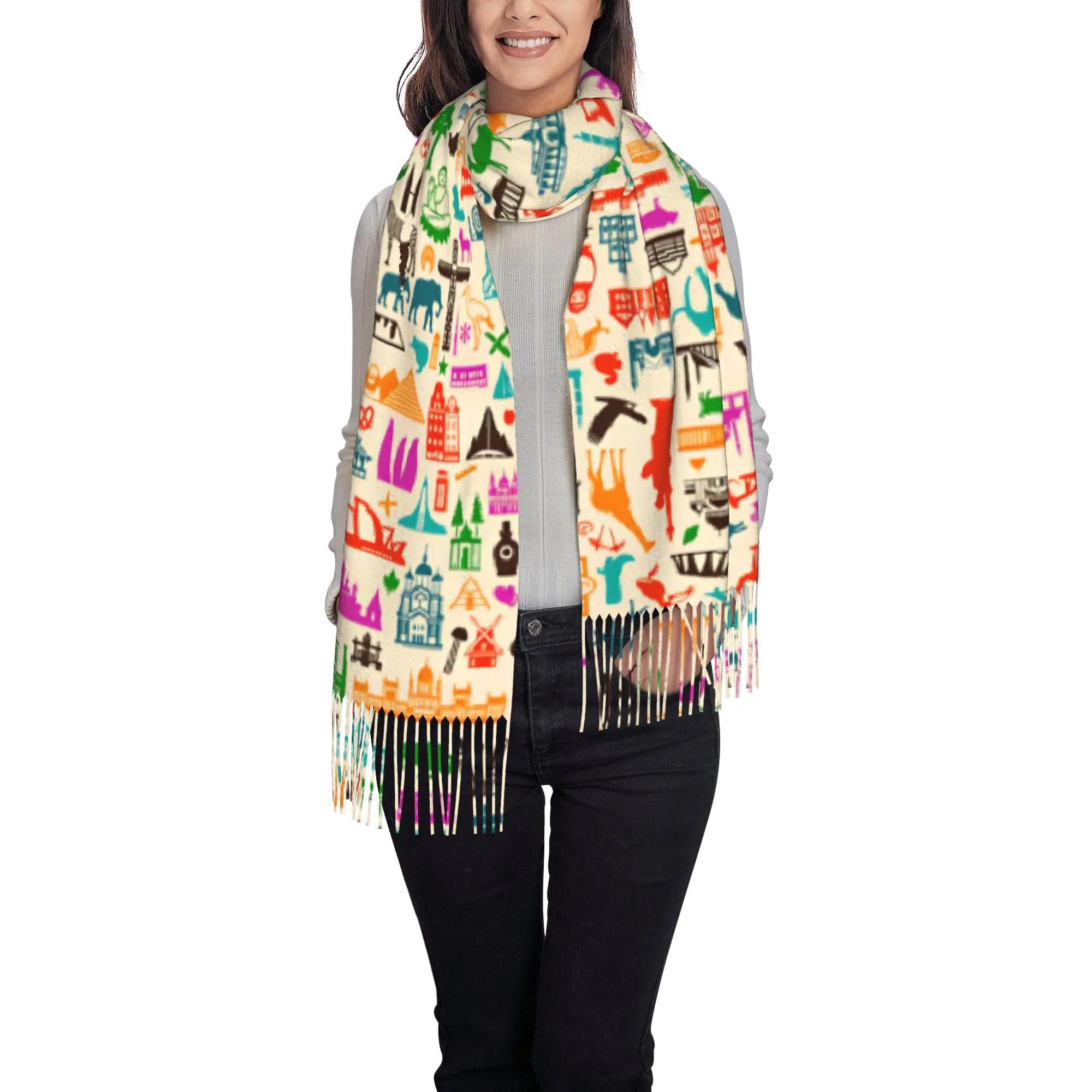 Custom  Colorful World Travel Landmark Animal Silhouette Collage Print Scarves Women Winter Soft Warm Tassel Shawl Wraps  Scarf