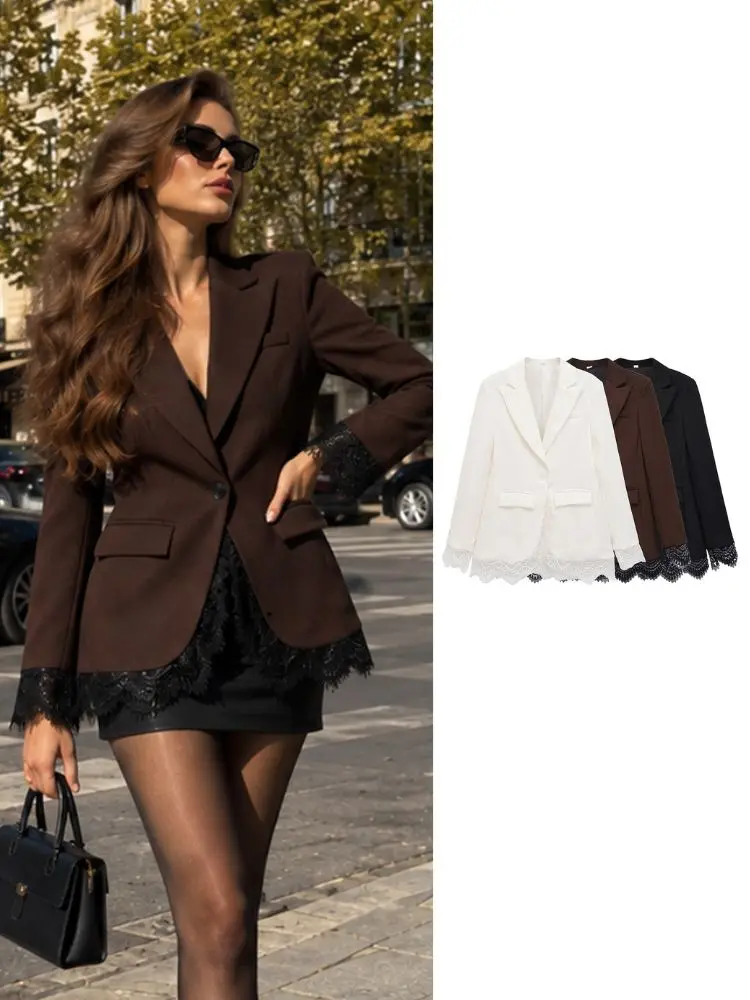 HH Vintage Inspired Women's Blazer Jacket Elegant Lace Trim Hem Suit Coat for WorkDinner and Smart Casual Outfits
