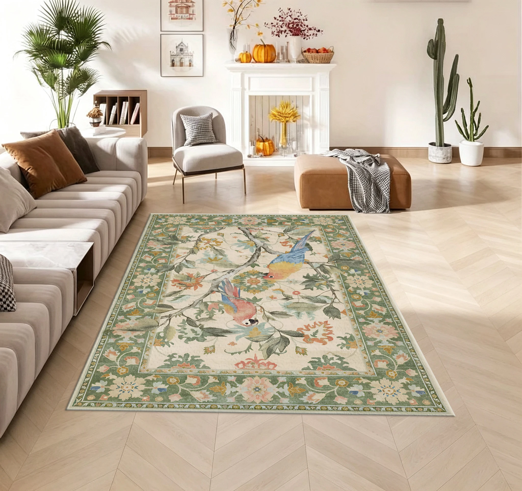 Vintage Parrot Floral Border Print Carpet Bird and Flower Floor Mat Home Decorative Rug