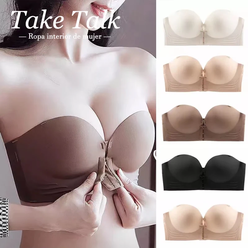 ปิดด้านหน้า Push Up Bras ผู้หญิงเซ็กซี่ไม่มีรอยต่อ Brassiere หนาหญิงชุดชั้นในสีทึบชุดชั้นในที่มองไม่เห็น