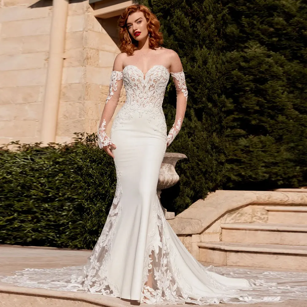 Vestido de novia de sirena personalizado 2023, tamaño personalizado, encaje, escote en forma de corazón, espalda descubierta, botón cubierto, mangas largas desmontables, hermoso Brid