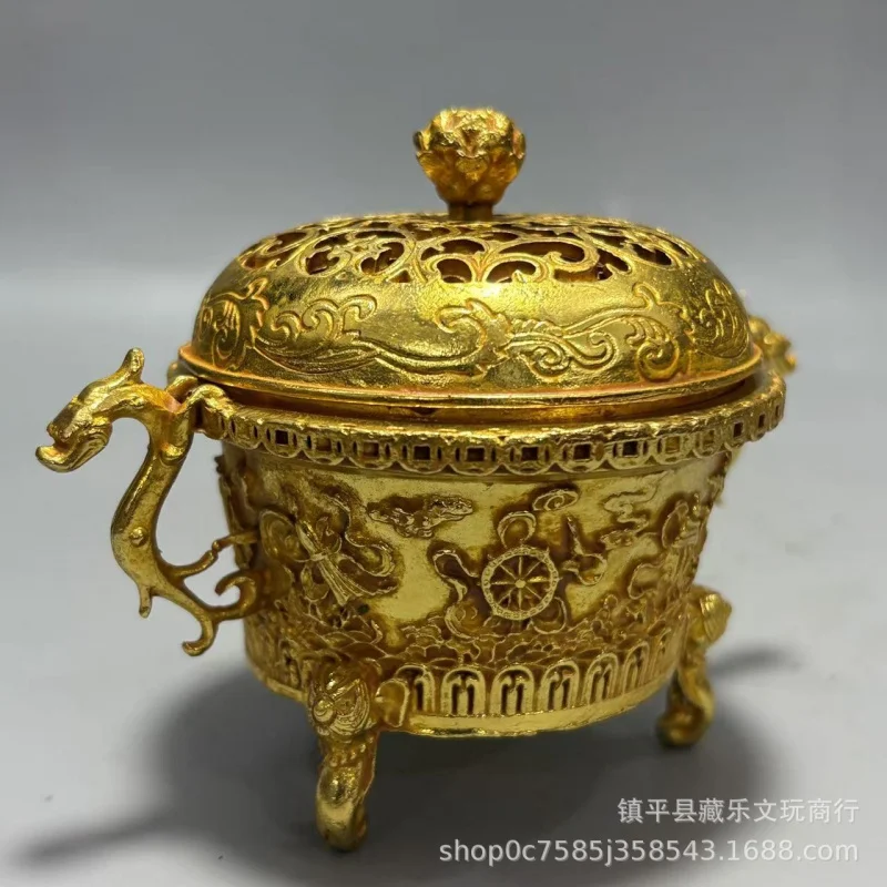 Antique Collection Gilt Three-Legged with Double Dragon Ears, Incense Burner, Craft, Home Decoration Ornament