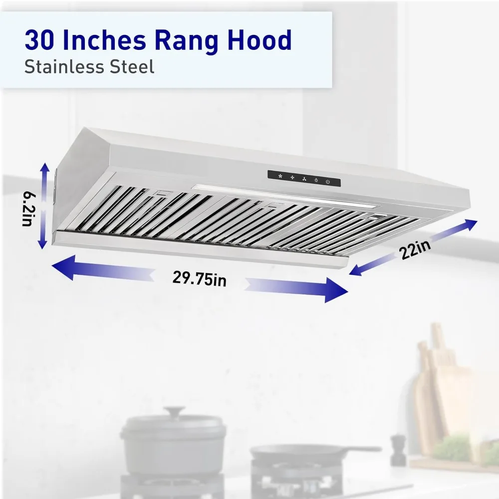 Hood Under Cabinet avec corps en acier inoxydable sans soudure, moteurs doubles turbo, écran tactile à 3 vitesses, 30 po, injuste