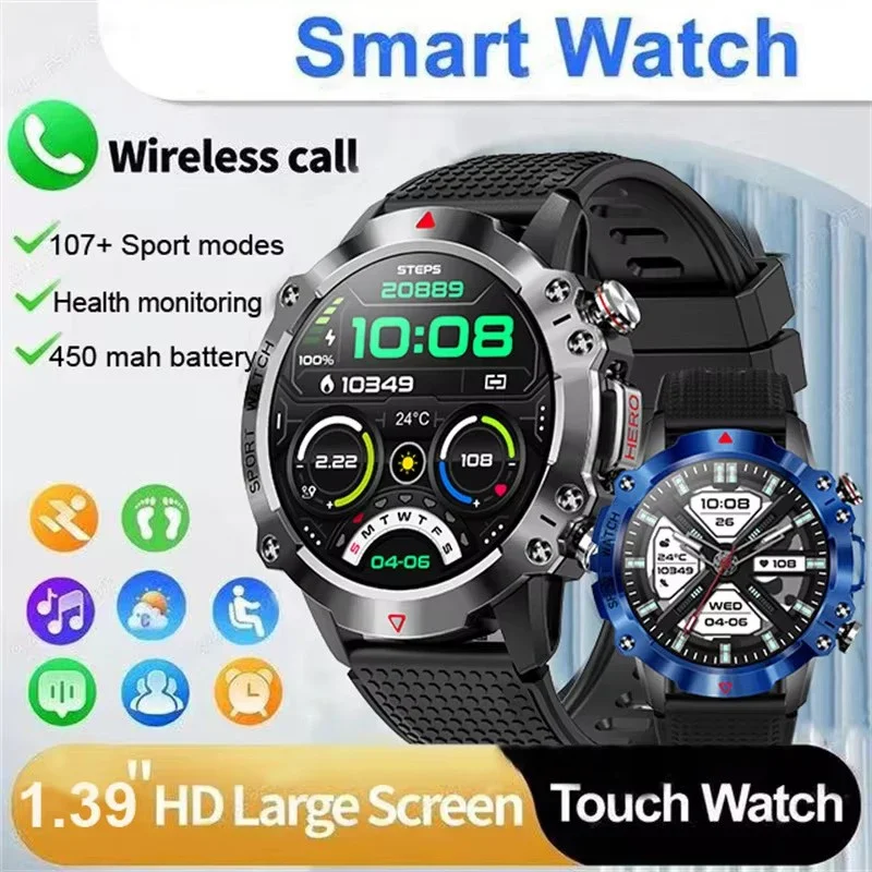 

Мужские умные часы IP67, водонепроницаемые, Bluetooth-вызов, 1,39 дюйма, HD, экран 360*360, 100 спортивных режимов, совместимые с Android и iOS