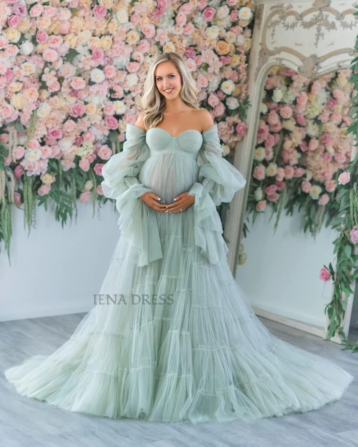 Mint Green Layered Tulle Pregnancy Dress Maternity Photoshoot Gown with Puff Sleeves Floor-length Robe Soiree for Pregnant Woman