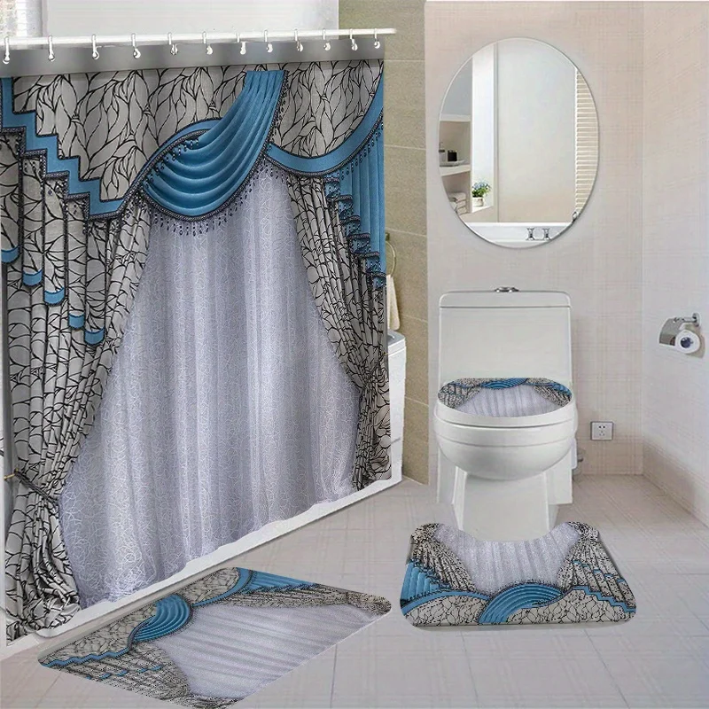 1/4pcs Drapery Pattern Set, Waterproof Shower Curtain With 12 Hooks, Non-Slip Bath Rug, U-Shape Mat, Toilet Lid C