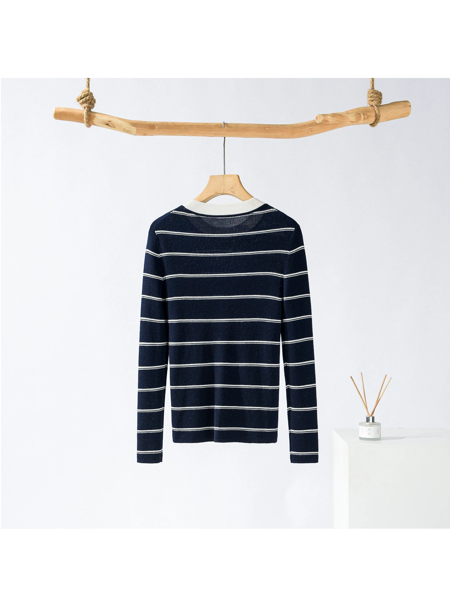 Pure Wool Knitted Sweater Slim Fit Striped Long Sve round Ne Five Points Coat Chinese Sle Women's Faion Commute Sle