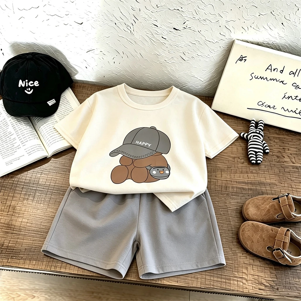 Cartoon T-shirt+Shorts 2Piece Set Summer Clothing Short-sleeved Tees Solid Color Shorts Casual Fashion Tees Loose Versatile Suit