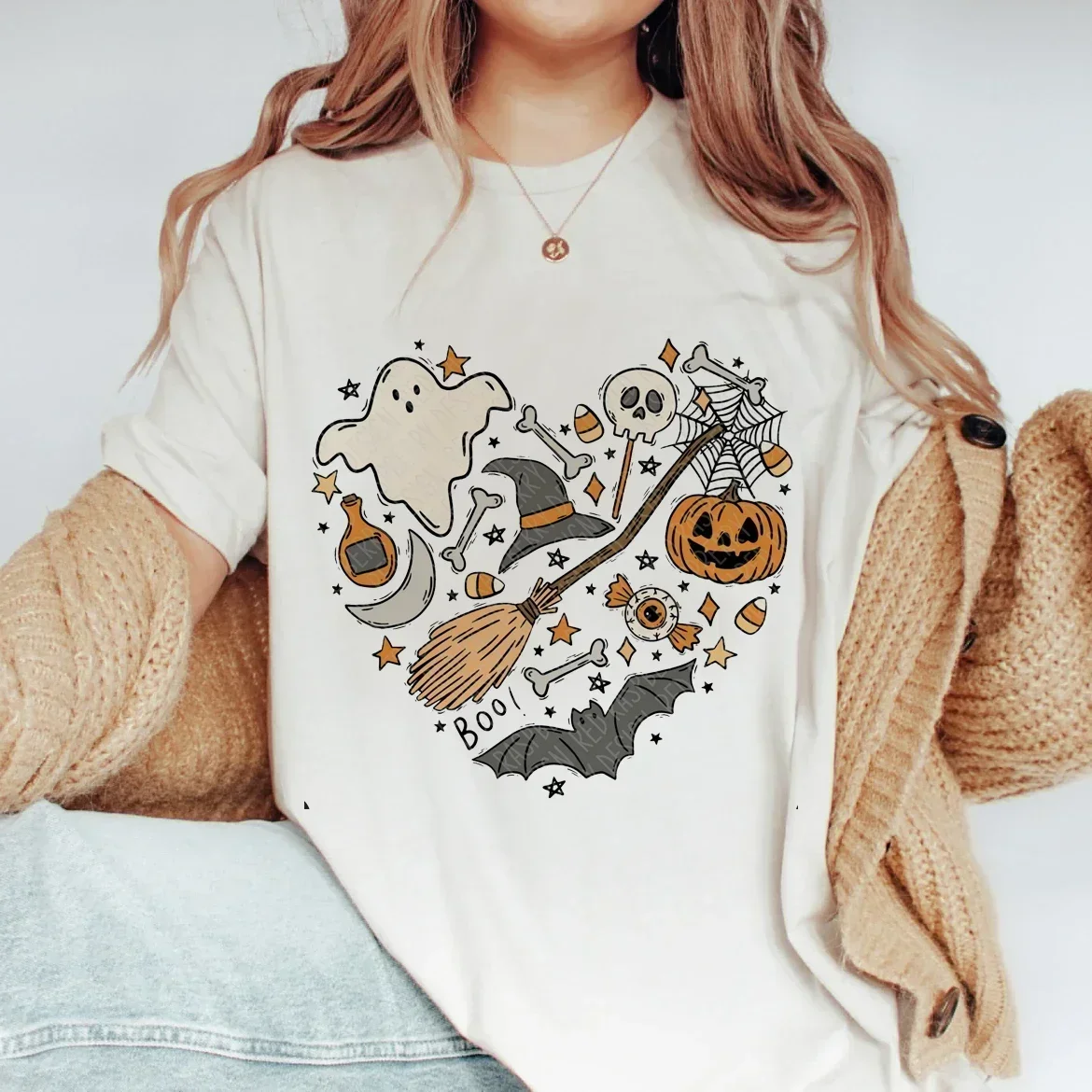 Modny Retro z krótkimi rękawami letni nadrukowane okrągłe dekolt Top T-shirt na Halloween moda damska zabawa wzór dyni T-shi