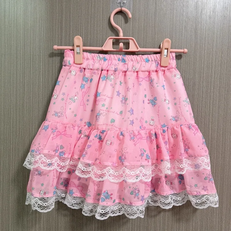 

Sweet Japanese Summer A-line Spliced Lace Tiered Skirt Y2k Aesthetic Harajuku Cartoon Print Women Jupe Preppy Fashion Skirts