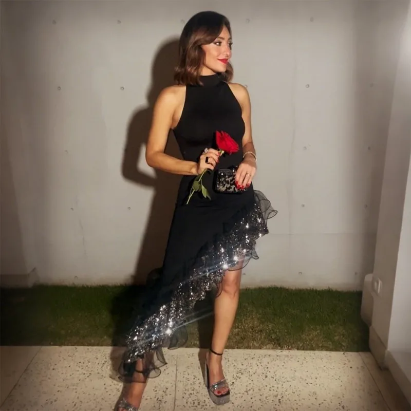 Doyerl Elegant Black Bodycon Maxi Dress Women Sleeveless Night Club Celebrity Sequins Ruffles Asymmetrical Party Prom Dresses