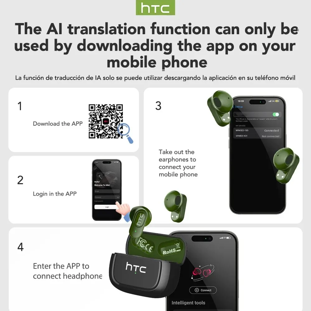 سماعات بلوتوث HTC NE51 TWS سماعات رأس لاسلكية رياضية طويلة العمر مع ميكروفون داخل الأذن سماعات أذن مترجم AI #6