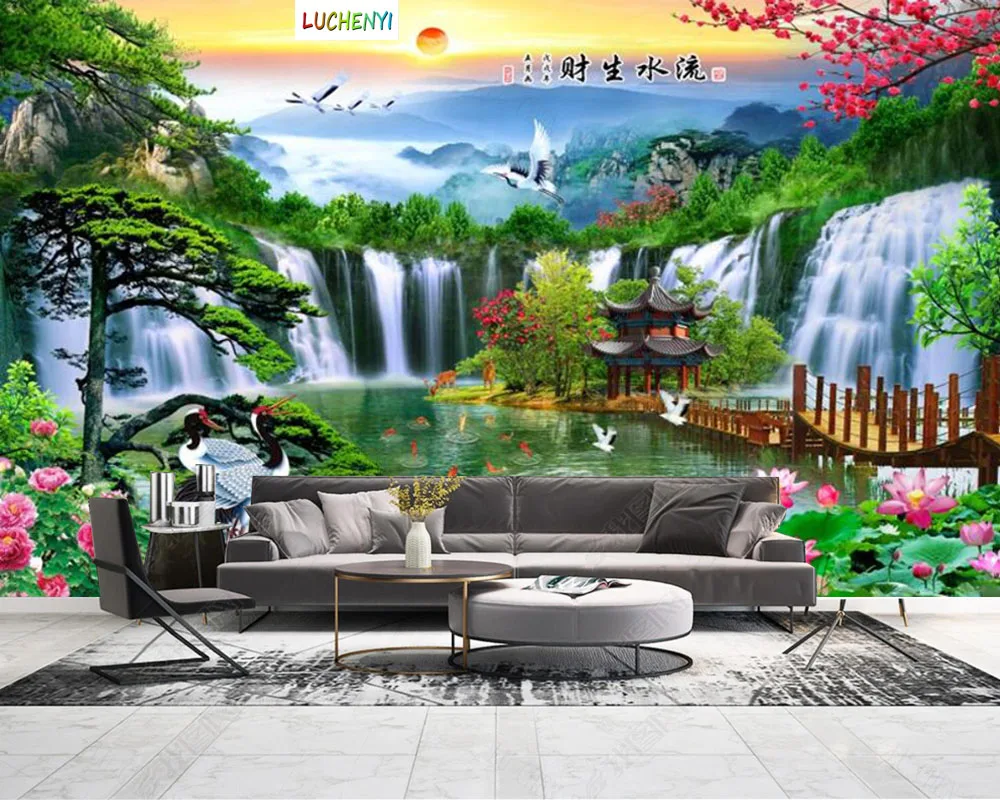 

Papel de parede wealth flowing water landscape painting lobby living room bedroom wallpaper mural, wallpaper home decoration