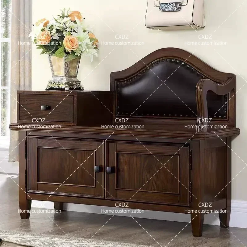 Solid Wood Shoe Changing Stool with Integrated Storage Cabinet Soft Cushioned Seat for Entryway Home Organization and
