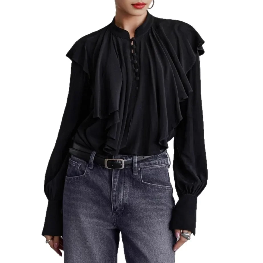 Black Autumn Women's Chiffon Shirt Mandarin Collar Ruffled Loose Fit Long Sleeve Female's Bloue Commuting Oddice Lady's Outwear
