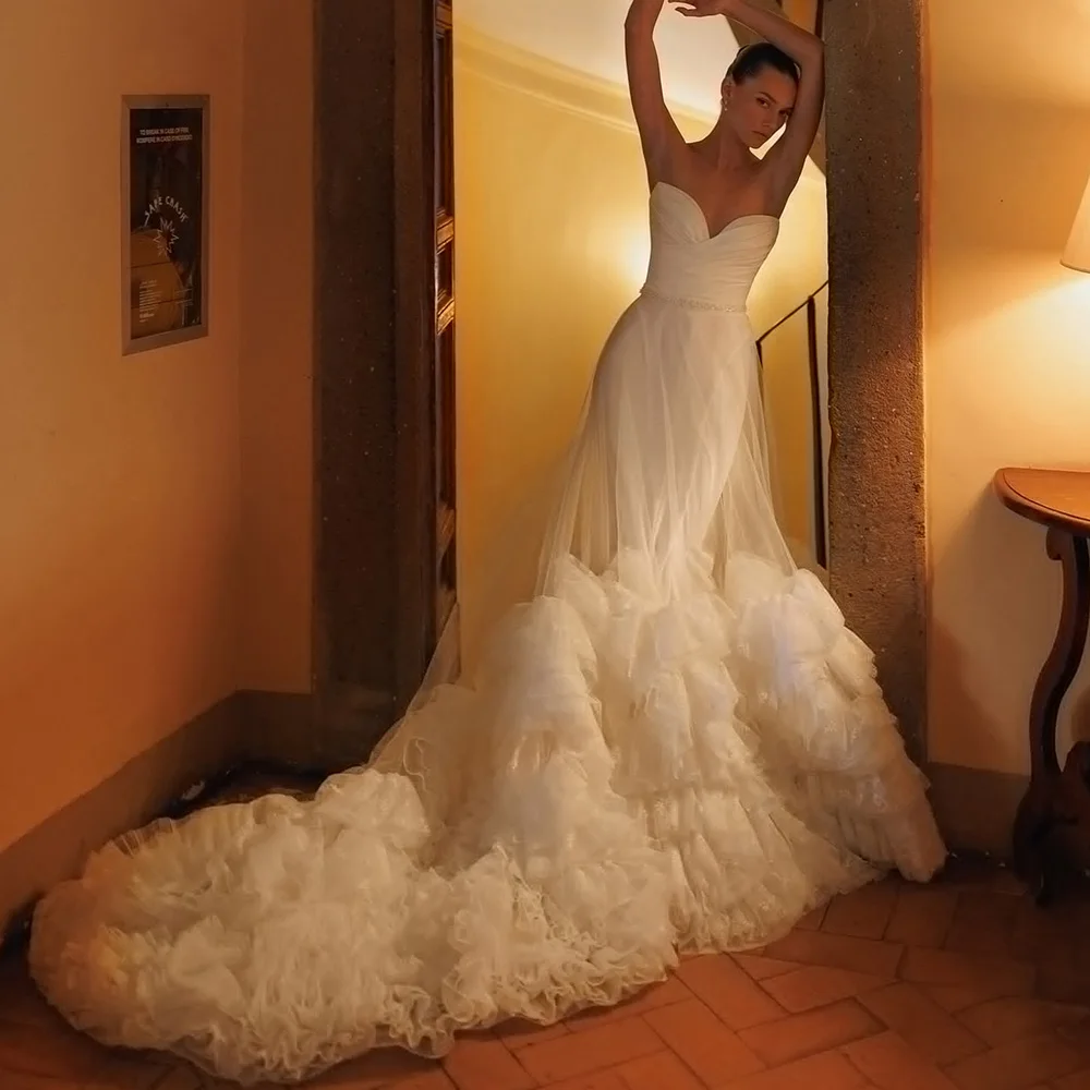 

Elegant Sweetheart Sleeveless Customized Wedding Dress Simple Satin Mermaid Bridal Gowns Classic Tulle Pearls Vestido De Novia