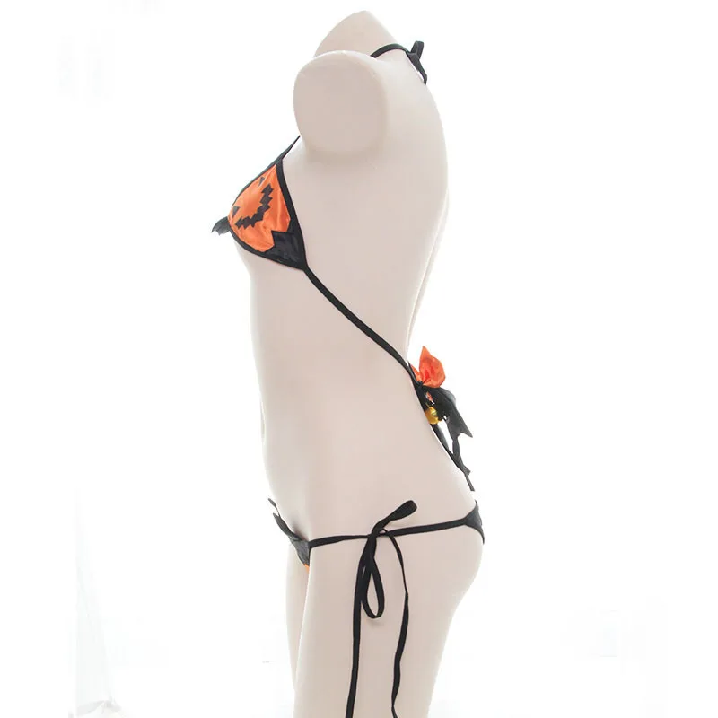 Sexy Bandage Pumpkin Devil Pajamas Japanese Bell Bow Swimsuit Halloween Cosplay Women Lingerie Sets Exotic Apparel