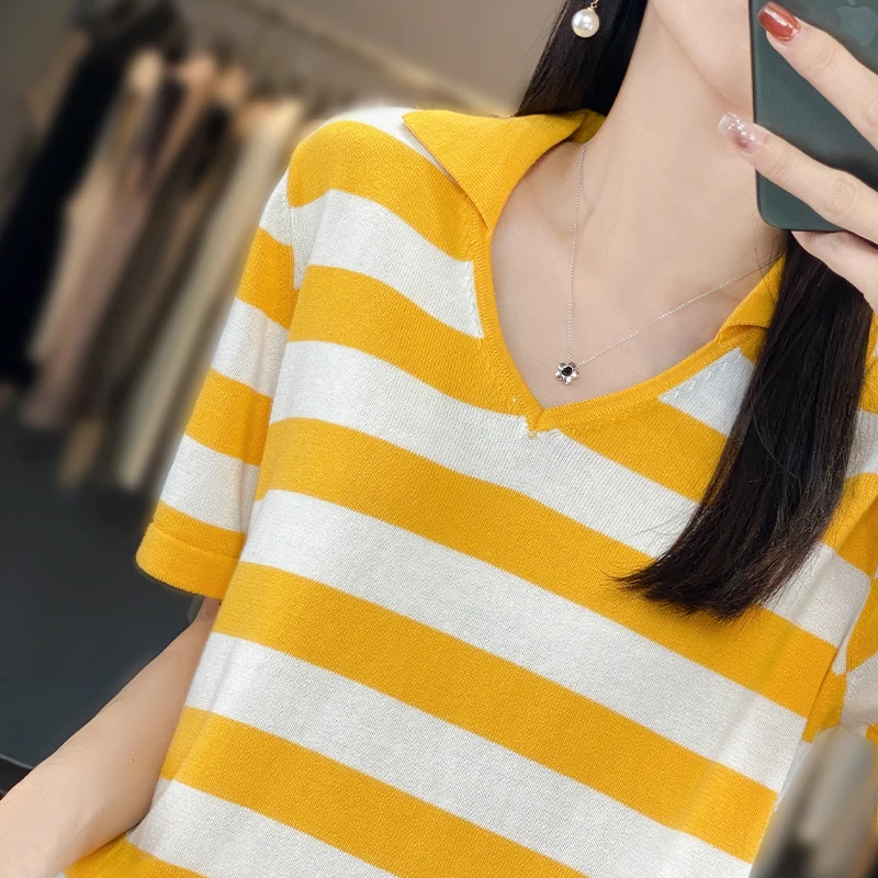 여성 순면 니트 티셔츠, 폴로 넥 반팔, V넥 스트라이프 배색 상의, 한국 패션, 디자인 느낌, 여름 신상