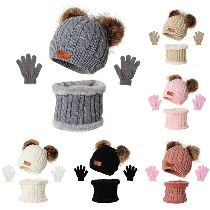 3 Pcs Winter Warm Baby Solid Color Woolen Hat Gloves Scarf Set Double Fur Balls Cap Mitten Scarves for Toddler Girls