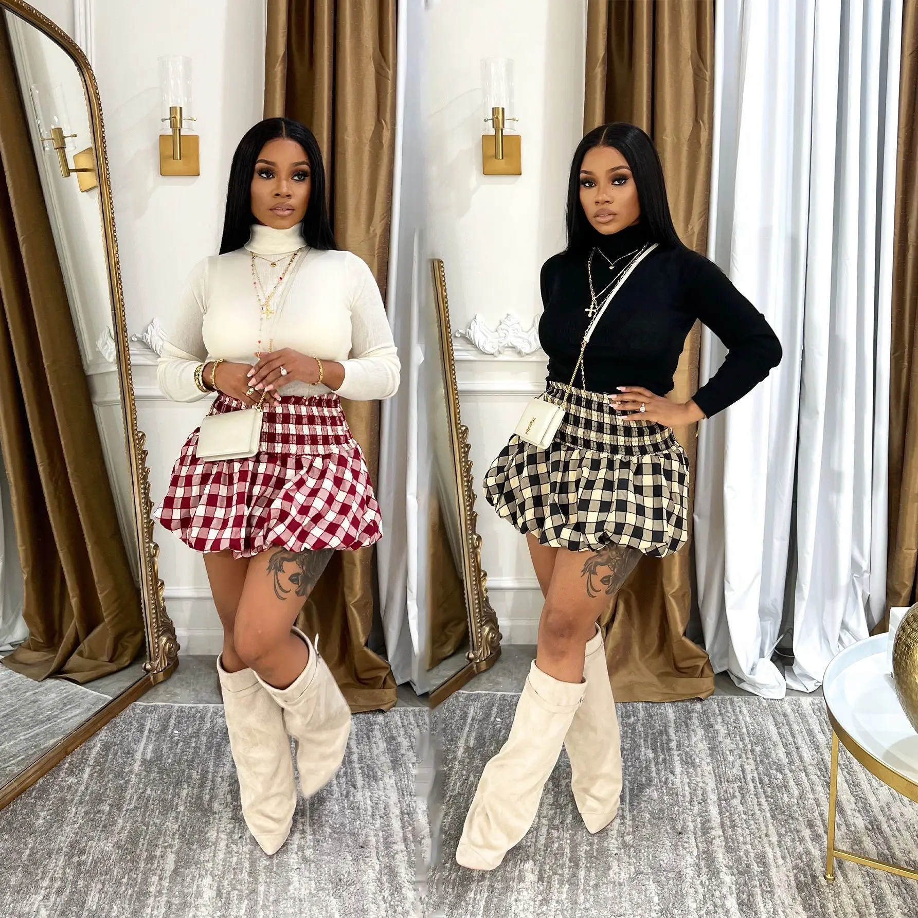 Sweet Cute Sexy Casual Street Skirts Vacation Autumn Bubble A-Line Basic Plaid High Waist Women's Bud Skirt
