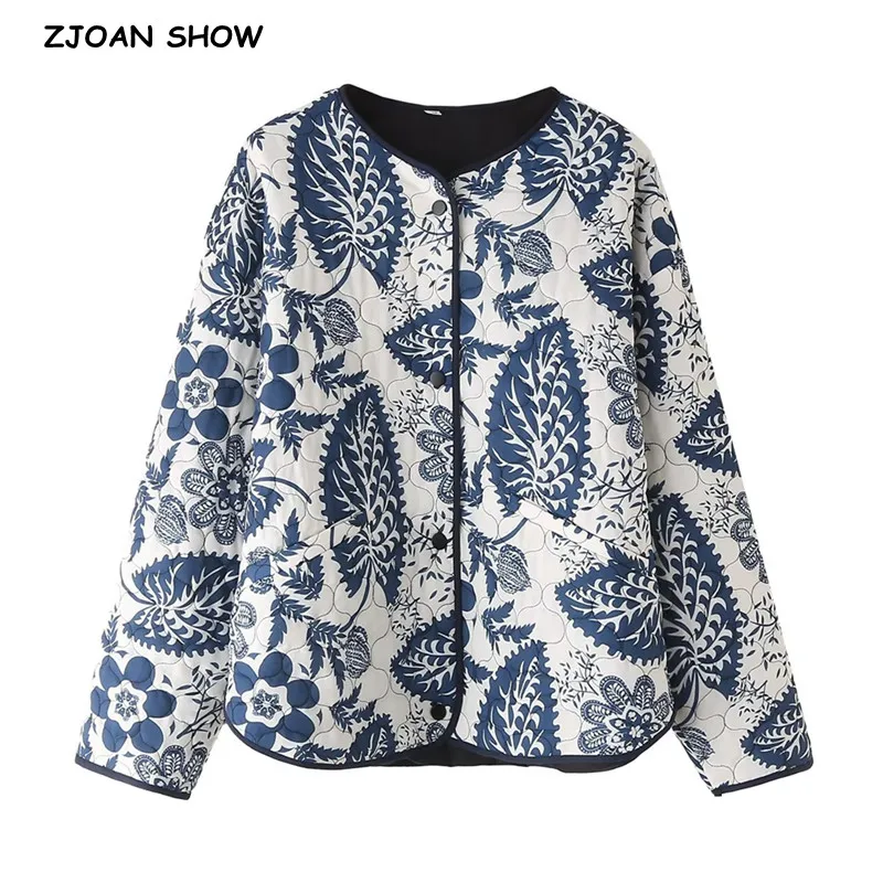 2023 Winter Collarless Blue White Flower Print Quilted Coat Ethnic Women Quilting Full Sleeve Loose Jacket Retro Outerwear