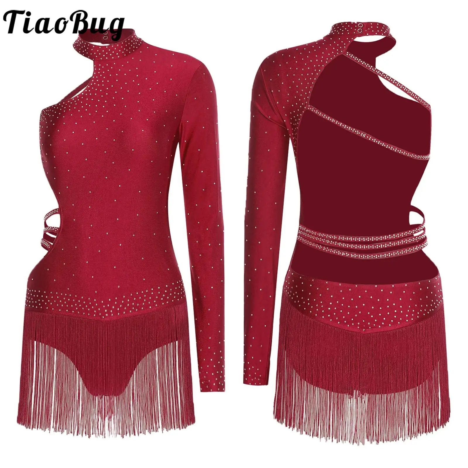 

Women Latin Chacha Dance Bodysuit Samba Tango Rumba Dress Dance Single Long Sleeve Sexy Strappy Backless Leotard Tassel Skirts